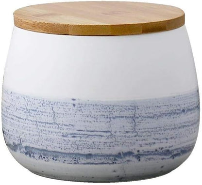 Food Storage Jar White Ceramic Food storage canister with Airtight Wooden Lid for serving Coffee, Tea, Sugar, Spice and More (700ml)