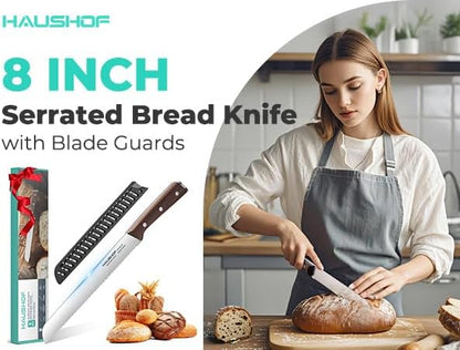 HAUSHOF Bread Knife with Sheath, 8-Inch Serrated Bread Knife for Homemade Bread, 5Cr15Mov Premium Stainless Steel Bread Cutter with Gift Box for Mom Dad, Full Tang and Ergonomic Handle
