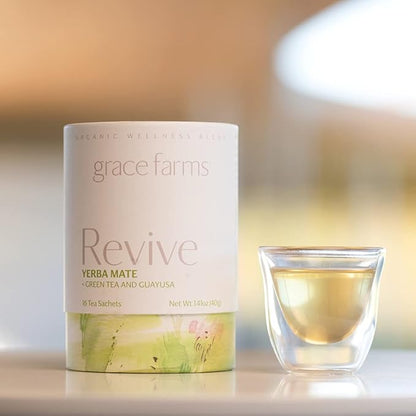 Grace Farms REVIVE Wellness Organic Tea Blend (16 Pyramid Sachets) | Yerba Mate, Green Tea, & Adaptogens | Natural Energy Coffee Replacement | Fairtrade & Kosher | Gives Back 100% of Profits