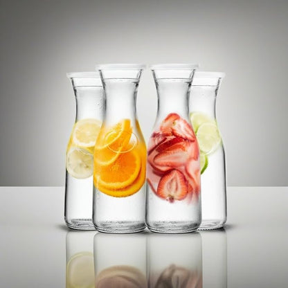 Kook Glass Carafe, Mimosa Bar Supplies, Carafe Pitchers with Lid, Glass Water Pitcher, Drink Dispensers for Parties, Tea, Wine, and Juice, Plastic Lids, Dishwasher Safe, 35 oz (set of 4)
