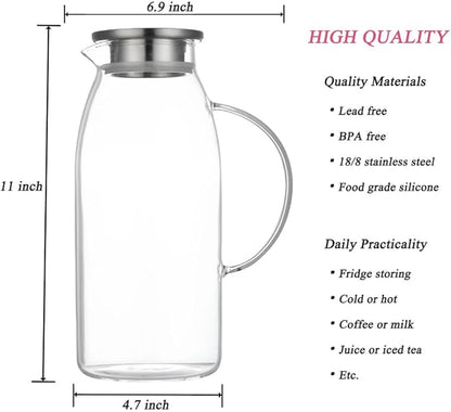 80 Ounces Glass Pitcher with Lid, Hot/Cold Water Jug, Juice and Iced Tea Beverage Carafe