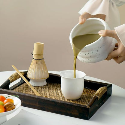 7-piece matcha kit includes matcha bowl. white speckled matcha tea set with bamboo whisk -, sifter, scoop, stainless steel filter, tea caddy, cloth & gift box - for matcha green (4)