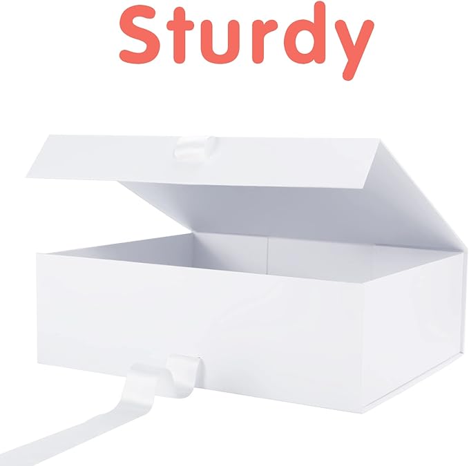HAPPY POTATO 5 Large Gift Boxes with Lids and Ribbon 13.5x9x4.1 Inches, Bridesmaid Proposal Boxes, Magnetic White Gift Boxes for presents (Glossy White, Pack of 5)