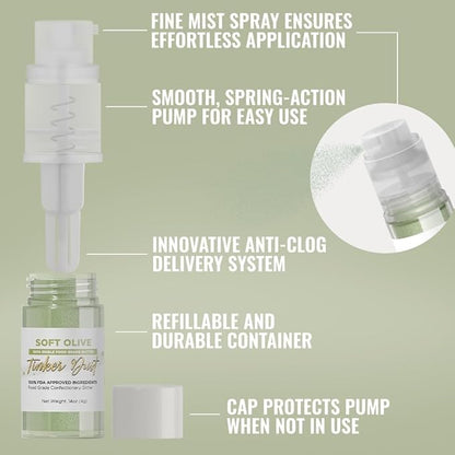 Bakell - Soft Olive Tinker Dust (4g, 1x Mini Spray Pump) Edible Glitter for Food, Desserts, and Beverages!
