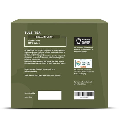 HANDPICK, Holy Basil Tea Bags (100 Count) Caffeine Free, Non-GMO Tulsi Leaves- Tulsi Tea | Round Herbal Tea Bags