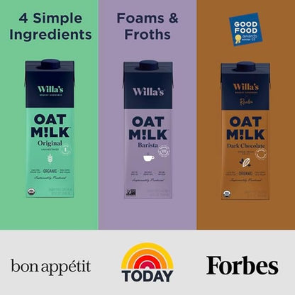Willa's Organic Oat Milk - Unsweetened Original Oatmilk, Non-GMO, Shelf Stable, Low Sugar, Non-Dairy Vegan Milk, Made from Whole Oats, No Oil, No Gums, 32oz, Pack of 6