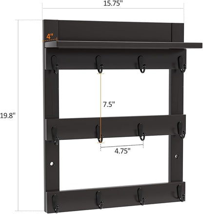 Mug Rack Wall Mounted, Coffee Cup Holder, Bamboo Mug Shelf with 12 Hooks for Home Kitchen Display and Collection