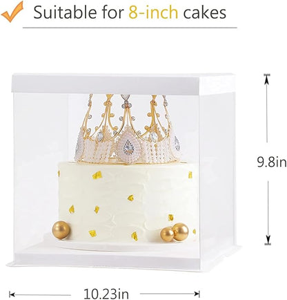 XININSUN 2Pcs Large Cake PET Clear Box, 10" X 10" X 9" with ribbon and pre-folded lid, for 8" cake packing carry, baking cookie display, Carry Tall Layer Gift, Festive Gift Box -White