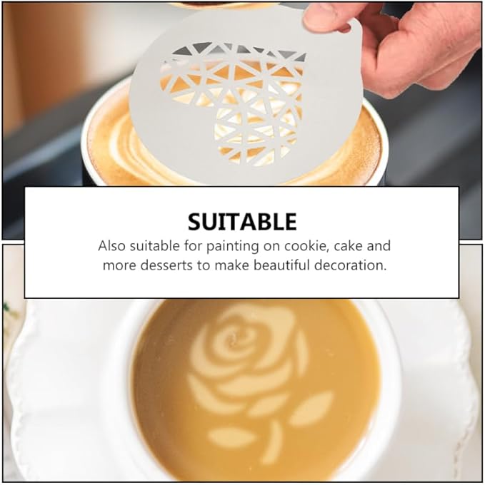 DOITOOL 6 Pcs Coffee Stencils Latte Art Stainless Steel Cappuccino Templates Coffee Templates for DIY Cupcake Mousse Hot Chocolate Milk Foam