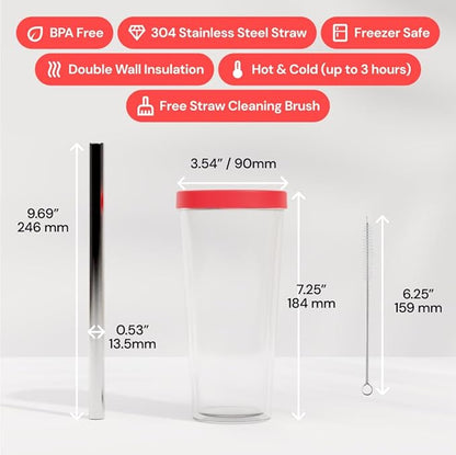Dodoko Reusable Boba Cup and Straw Boba Tea Cup Bubble Tea Cup Reusable Iced Coffee Cup Cold Coffee Cup Smoothie Cup with Lid and Straw Smoothie Cup to go Smoothie Tumbler 17 oz - Hot Pink