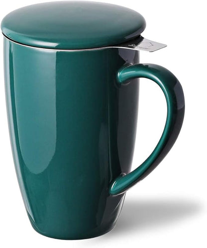 Sweejar Porcelain Tea Infuser Mug with Lid, 16 oz Teacup with Strainers for Loose Leaf Tea, Microwave and Dishwasher Safe Coffee Mug(New Jade)