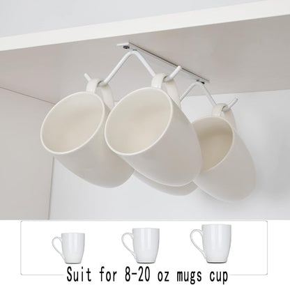 Cabinet Hook Mug Holder - Hanging Coffee Cup Rack for Kitchen, Under Cabinets Metal Hangers Organizer Shelf Storage Utensil (White)