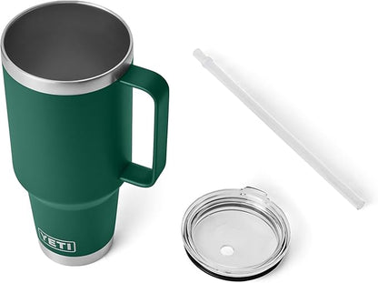 YETI Rambler 42 oz Tumbler with Handle and Straw Lid, Travel Mug Water Tumbler, Vacuum Insulated Cup with Handle, Stainless Steel, Black Forest Green