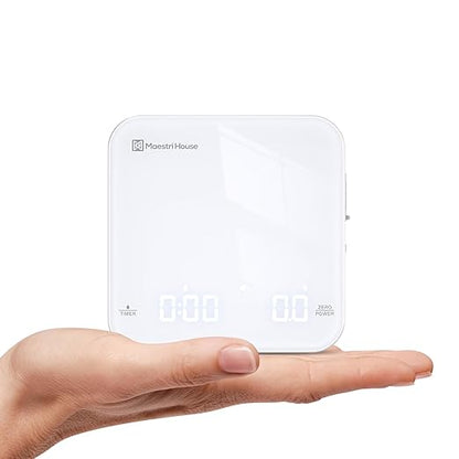Rechargeable Mini Coffee Scale with Timer, Maestri House Espresso Scale, 2kg/0.1g Accurate Scale for Espresso and Pour-Over Coffee, Portable Digital Kitchen Scale with Automatic Timing（White&Silver）