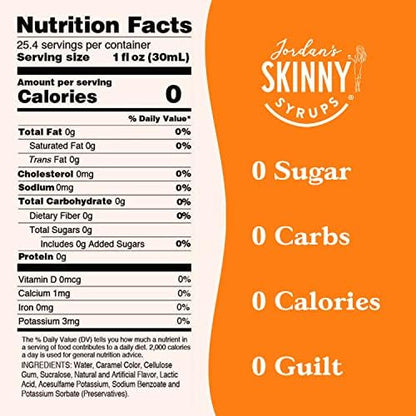 Jordan's Skinny Syrups Sugar Free Coffee Syrup, Caramel Flavor Drink Mix, Zero Calorie Flavoring for Chai Latte, Protein Shake, Food & More, Gluten Free, Keto Friendly, 25.4 Fl Oz, 6 Pack