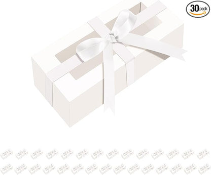 HAPPY POTATO 30 Pack Macaron Boxes for 4 or 5, 4×1.9×1.9 Inches, Macaron Packaging Boxes, White Macaron Box with Clear Window, Macaron Container Gift Boxes with Ribbon