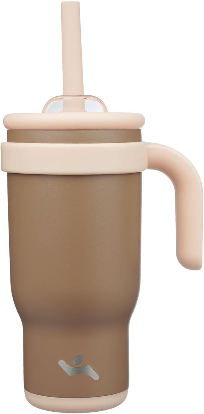18 oz Tumbler with Side Handle, Insulated Water Bottle with Straw and 2 in 1 Lid, Stainless Steel Cup Travel Coffee Mug for Sports Office Gym,Brown