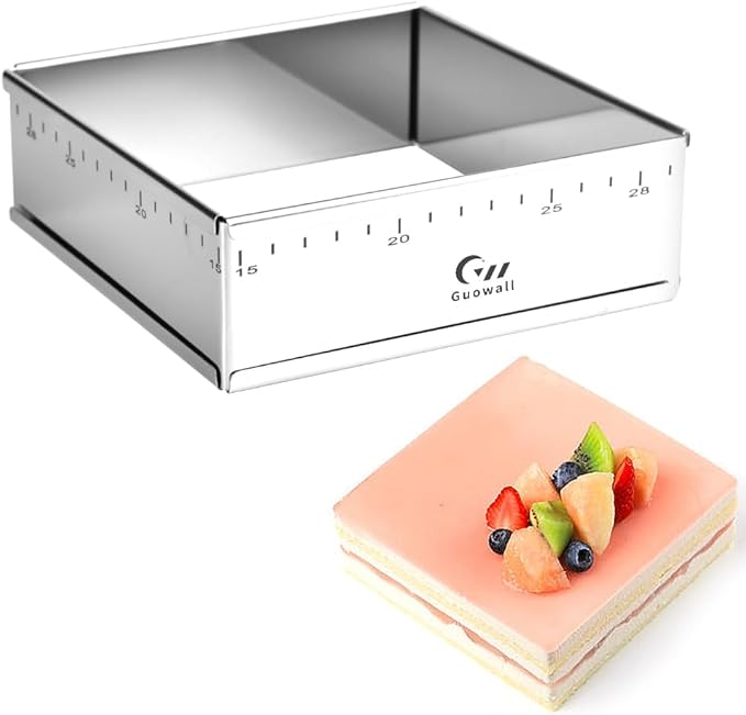 Guowall Stainless Steel Extensible Cake Ring Mold Adjustable Square Shaped Mousse Ring Detachable Nonstick Cake Cutter for DIY Baking - 6in