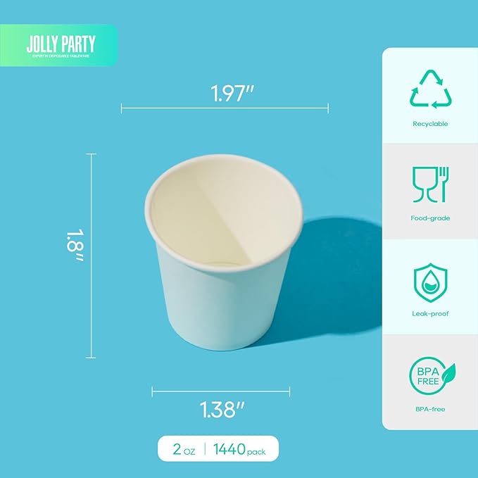 JOLLY PARTY 2 oz Paper Cups, 1440 Pack Small Bathroom Paper Cups, White Mouthwash Cups, Disposable Mini Espresso Cups, Paper Sampling Cup