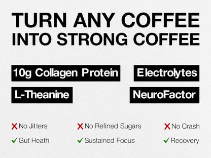 STRONG COFFEE COMPANY Coffee Booster – Collagen Coffee Protein Powder with NeuroFactor®, L-Theanine & Gut Health – 10g Protein, Electrolytes – Focus & Energy – 15 Packets