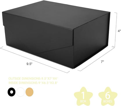 6 Black Gift Boxes with Lids for Presents, Magnetic Closure Rectangle Collapsible Gift Boxes, Groomsman Proposal Boxes, Wedding, Birthday Gift Packaging (9x6.5x3.8 Inches)