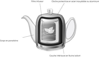 Salam Luxury French Tea Pot - Porcelain Teapot with Bronze Stainless Steel Cover, Ceramic Tea Kettle for Loose Tea, Removable Infuser, 6 Cup Capacity, 36oz - White