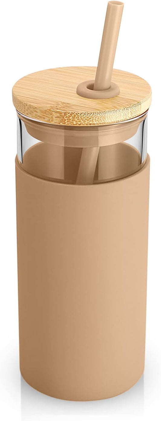 Tronco 20oz Glass Tumbler Glass Water Bottle Straw Silicone Protective Sleeve Bamboo Lid - BPA Free (Mixed color/8 Pack)