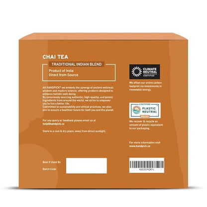HANDPICK Masala Chai Tea Bags (100 Count) Strong Robust & Aromatic, Blended with Exotic Spices, Cinnamon, Black Pepper, Cloves & Cardamom - Premium Quality Eco-conscious Round Bags