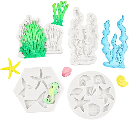 Ocean Chocolate Fondant Mold Set Food-Grade Silicone Baking Molds with Shell, Starfish, Seashell Beach Life Phrases, Reusable for Under the Sea Cakes, Cupcakes & Party Treats - 8 Pack