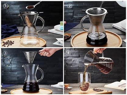 Unbreakable - Pour Over Coffee Maker with Permanent Stainless Filter 32 fl oz, Thickened Heat-Resistant Borosilicate Glass Dripper Coffee Brewer, Stovetop Safe, Ink