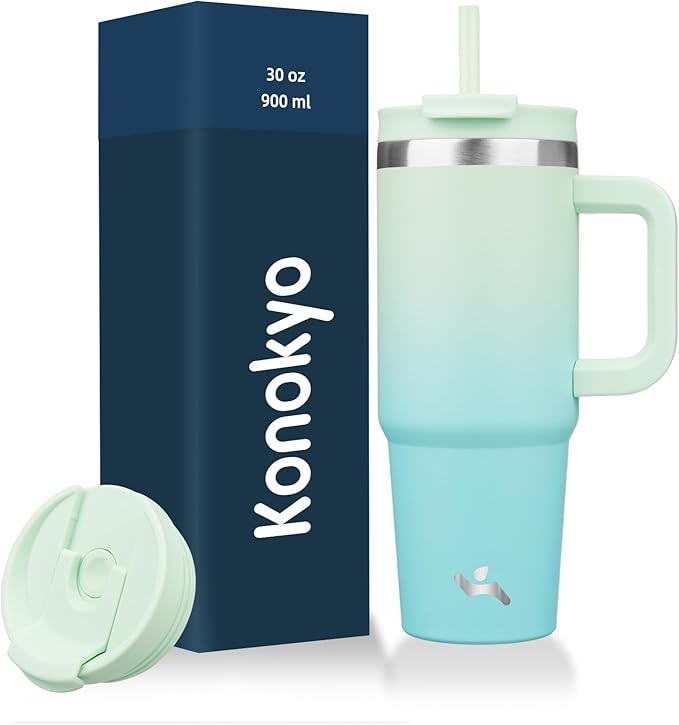 30 oz Tumbler with Handle and 2 Straws,2 in 1 Lid Insulated Water Bottle Stainless Steel Travel Coffee Mug,Mint