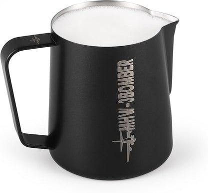MHW-3BOMBER Milk Frothing Pitcher, 16oz/450ml Milk Frother Cup for Barista, SUS304 Stainless Steel Espresso Steaming Pitchers for Milk/Coffee/Latte Art, Matte Black, P3025B-OS