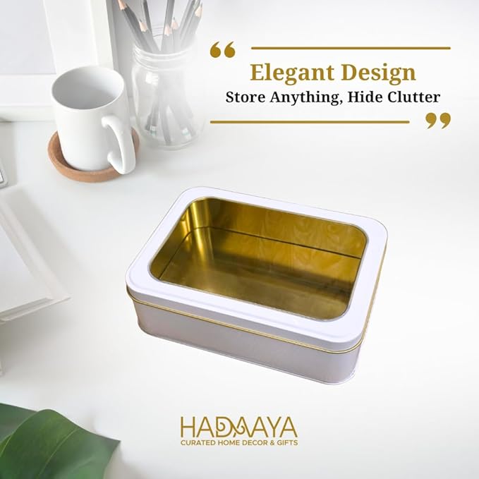 Pack of 6 Pearl White Rectangular Tin Container With Clear Lid, Multipurpose Tin Box, Festive Tin Box for Gift Giving, Cookies, Stationery & More - 7.25 x 5.25 x 2.25 Inches