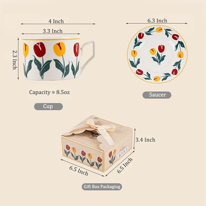 Ceramic Coffee Cup with Saucer, 8.5oz Floral Porcelain Tea Cup with Premium Gold Spoon and Gift Box, Dishwasher and Microwave Safe, Cup Mug for Coffee Cappuccino Espresso Latte