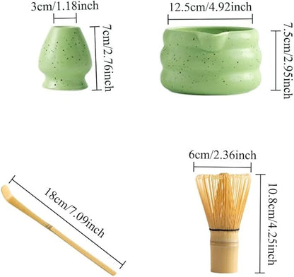 4pcs green ceramic matcha bowl with black speckles, perfect for matcha green tea, coffee, or as part of a matcha kit with whisk, sifter, and glass straws