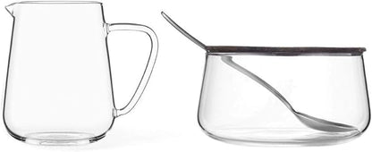 Viva Classic Glass Creamer and Sugar Set - Coffee and Tea Serving Set - Cream Pitcher 9.5 oz / 280ml and Sugar Bowl 12 oz / 350 ml with Cork Lid and Metal Spoon, Milk and Sugar for Coffee Bar