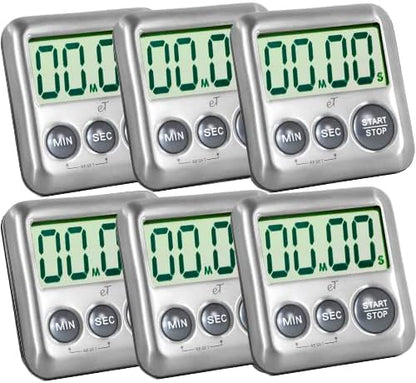 Elegant Digital Kitchen Timer Stainless Steel - Strong Magnetic Back - Kickstand - Loud Alarm - Large Display - Auto Memory - Auto Shut-Off (Charcoal 6-Pack)