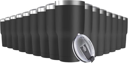 30oz Stainless Steel Travel Mug with Lid, 16 Pack Double Wall Vacuum Insulated Bulk Tumbler, Powder Coated Coffee Cup Suitable for Vehicle Cup Holders (Black)