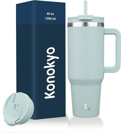40 oz Tumbler with Handle and 2 Straws,2 in 1 Lid Insulated Water Bottle Stainless Steel Travel Coffee Mug,Blue Haze