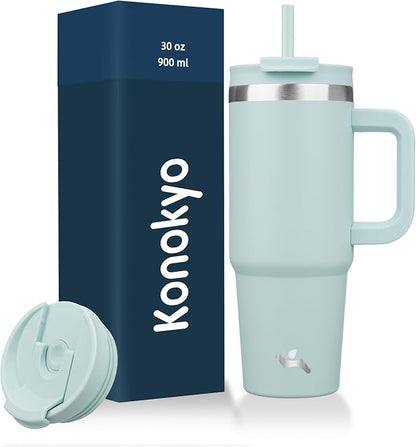 30 oz Tumbler with Handle and 2 Straws,2 in 1 Lid Insulated Water Bottle Stainless Steel Travel Coffee Mug,Blue Haze