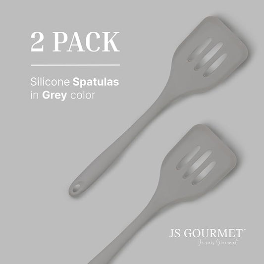 Silicone Slotted Turner Set – 2-Piece Set of Turner Spatulas for Eggs and Pancakes – Kitchen Tools and Accessories with Comfortable Handles, Heat-Resistant Utensils for Cooking & Baking – Grey