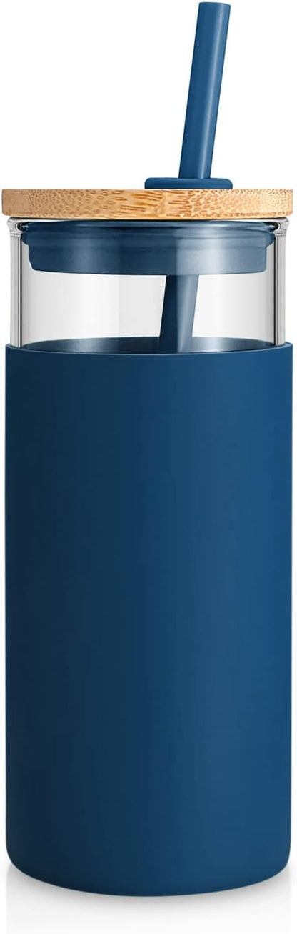 Tronco 20 oz Glass Tumbler with Lid and Straw, Reusable Iced Coffee Cup with Silicone Sleeve & Bamboo Lid, Smoothie Cup for Home, Office, for Father Men Day Gift from Wife Daughter Son (Blue Horizon)
