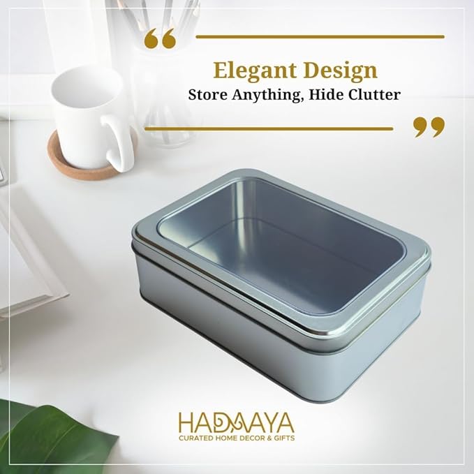 Pack of 6 Silver Rectangular Tin Container With Clear Lid, Multipurpose Tin Box, Festive Tin Box for Gift Giving, Cookies, Stationery & More - 7.25 x 5.25 x 2.25 Inches