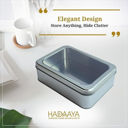 Pack of 2 Silver Rectangular Tin Container With Clear Lid, Multipurpose Tin Box, Festive Tin Box for Gift Giving, Cookies, Stationery & More - 7.25 x 5.25 x 2.25 Inches