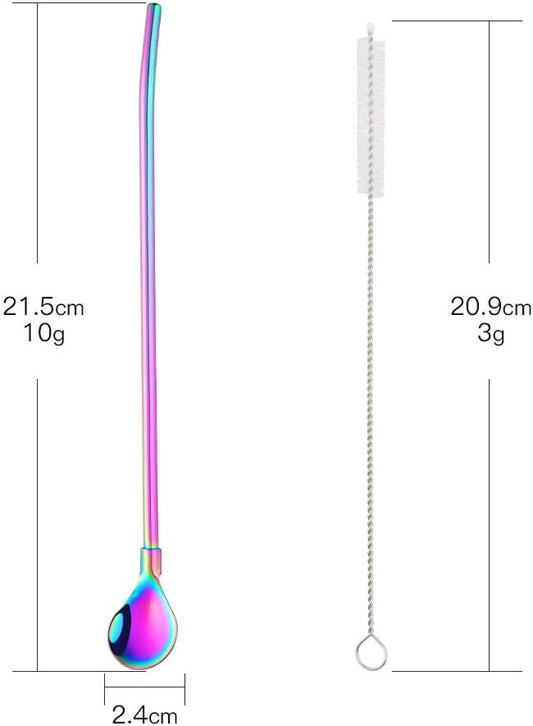 Straw Spoon, 8PCS 8.5inch Rainbow 18/8(304) Stainless Steel Metal Straws Reusable + 2 Brushes
