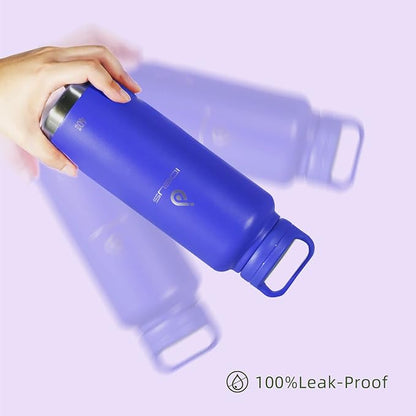 IDEUS Insulated Stainless Steel Water Bottle with 2 Leak-Proof Lids, Thermal Water Flask for Hiking Biking, 40oz, Purple