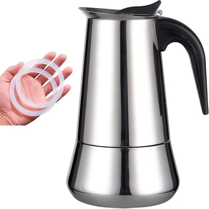 SEQ Stovetop Espresso Maker – 6 Cup (10 oz) Stainless Steel Moka Pot | Induction, Gas, Ceramic, Electric & Halogen Compatible | FREE Coffee Scoop + Extra Gasket | Easy Home Espresso