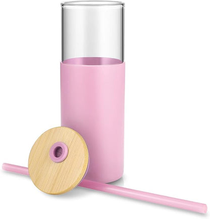 Tronco 24 oz Glass Tumbler with Straw and Lid - Glass Cup with Lid and Straw, Smoothie Cup, Iced Coffee Cup - Bamboo Lid and Protective Silicone Sleeve - BPA-Free