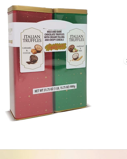 Premium Fine Italian Chocolate Truffles Gift Tins, 2 pk. Assorted truffle flavors: Milk, Dark, Hazelnut, and Caramel With Creamy Filling Gift for Christmas. Made In Italy