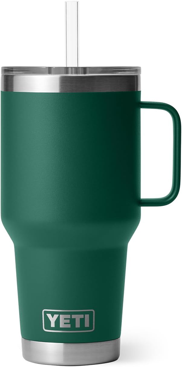 YETI Rambler 35 oz Tumbler with Handle and Straw Lid, Travel Mug Water Tumbler, Vacuum Insulated Cup with Handle, Stainless Steel, Black Forest Green